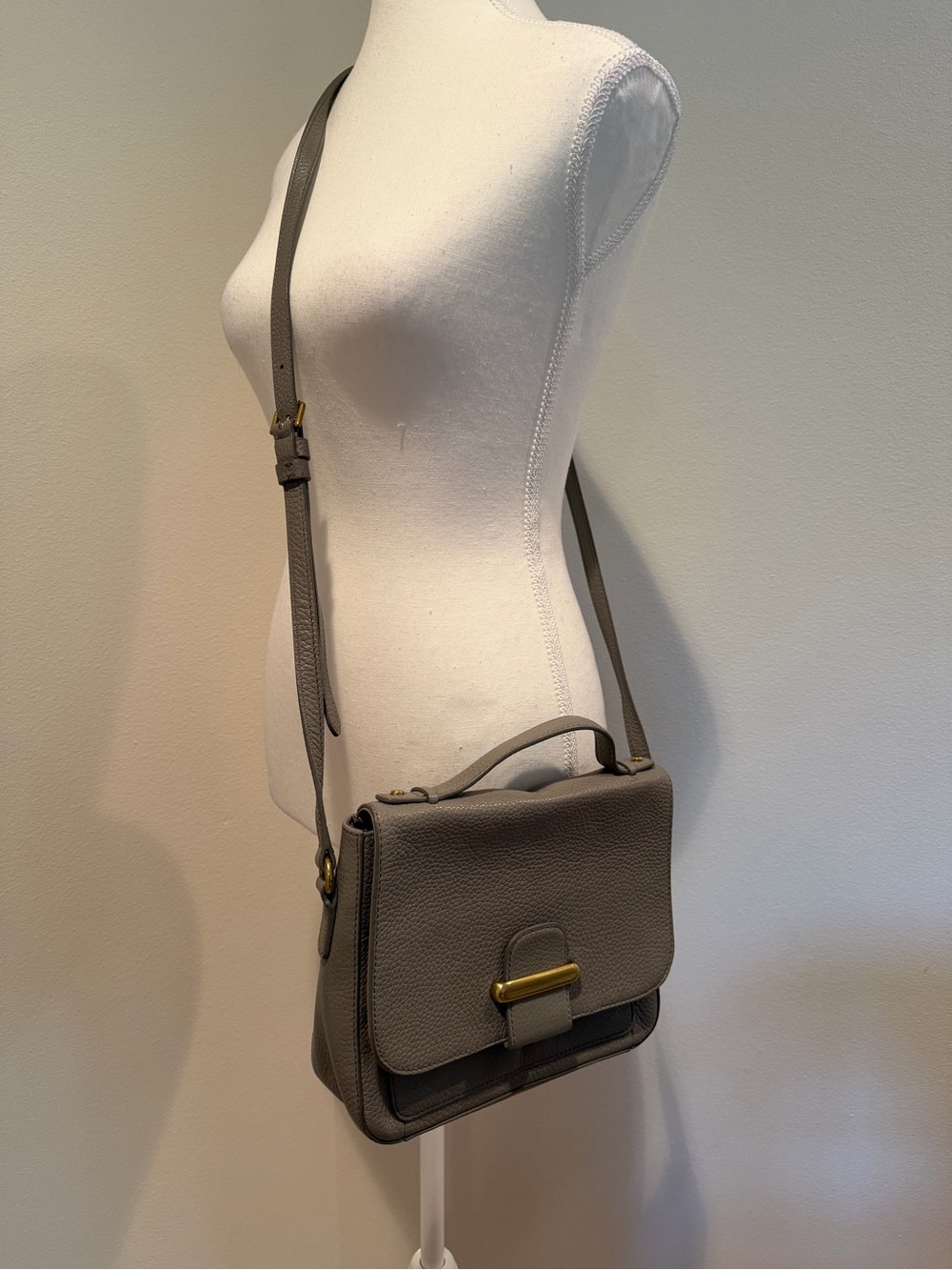 Fossil Gray Leather Crossbody Satchel with Gold-Tone Accent